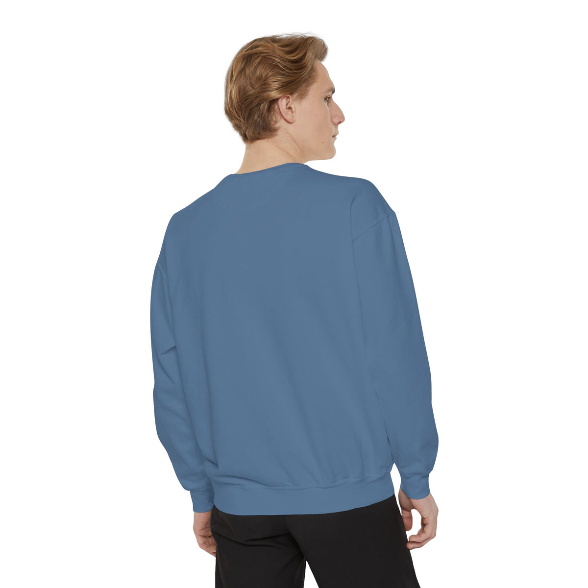 Model wearing the Blue Jean Stacked Mark Crewneck — back