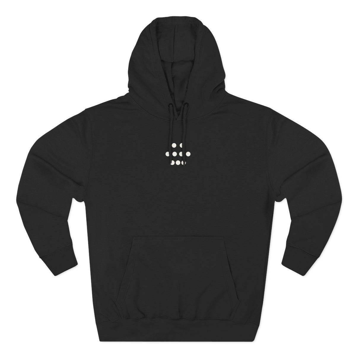 Black hoodie front with nine-dot 2 · 4 · 3 chest mark