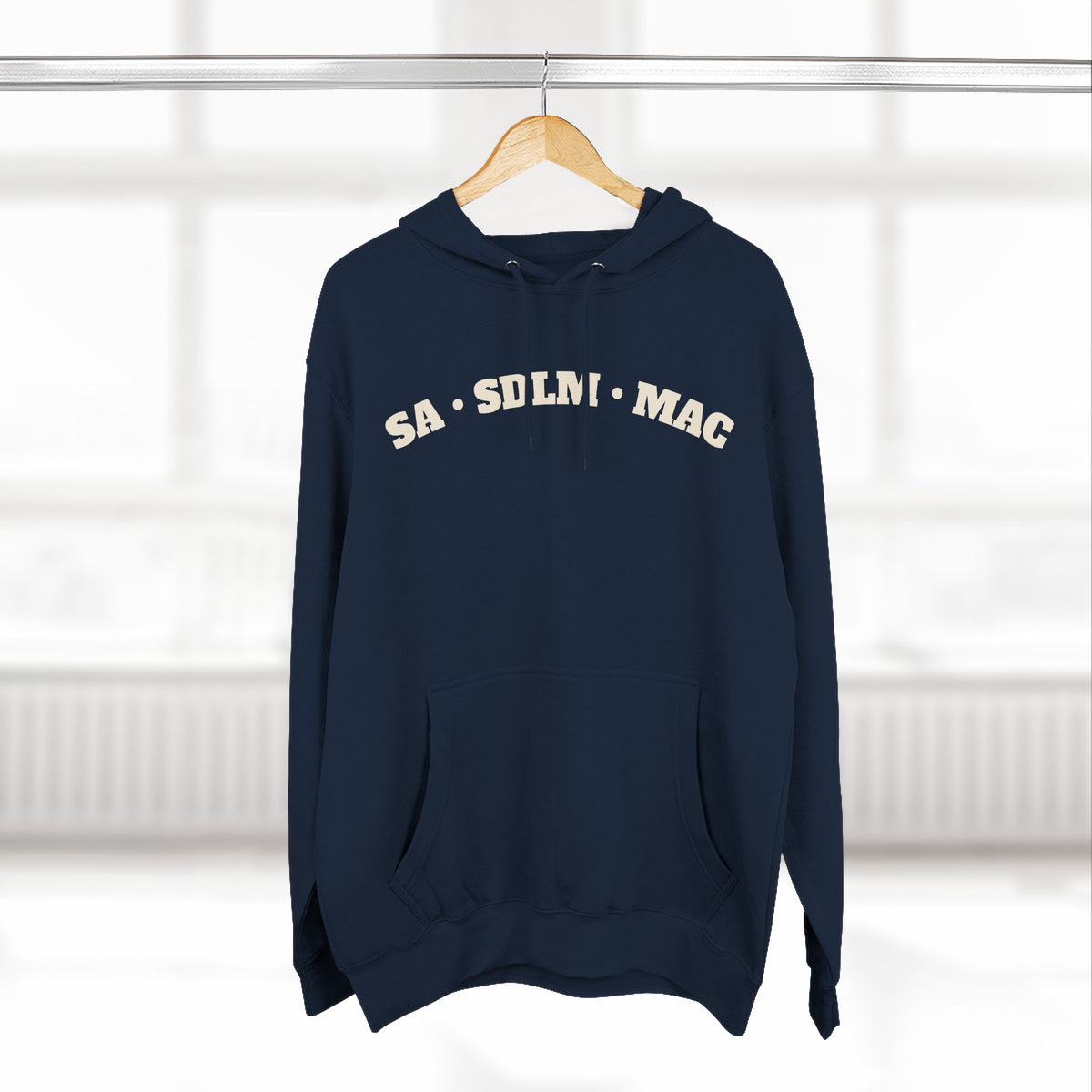 Navy Varsity Arch Hoodie on a hanger