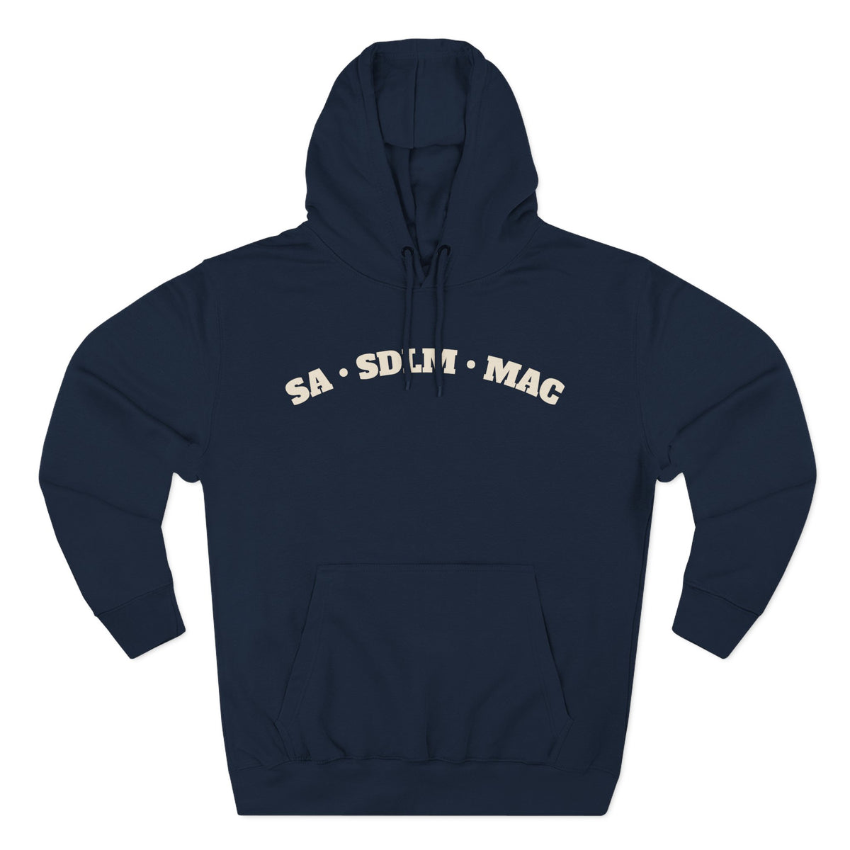 Navy varsity hoodie with bone arched SA · SDLM · MAC chest print