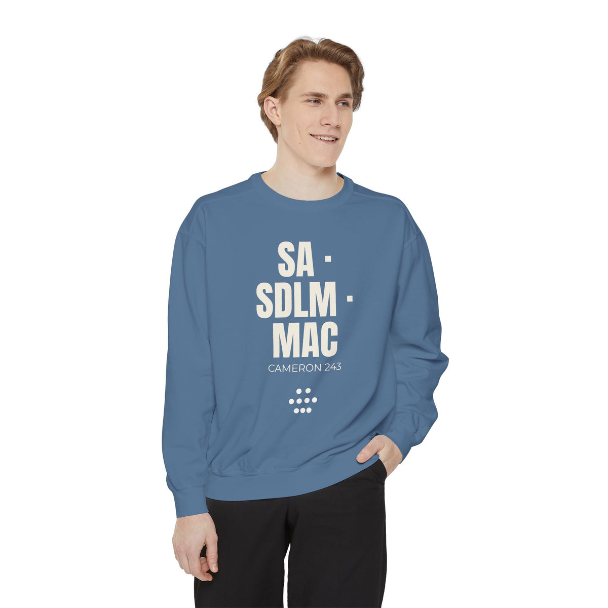 Model wearing the Blue Jean Stacked Mark Crewneck — front