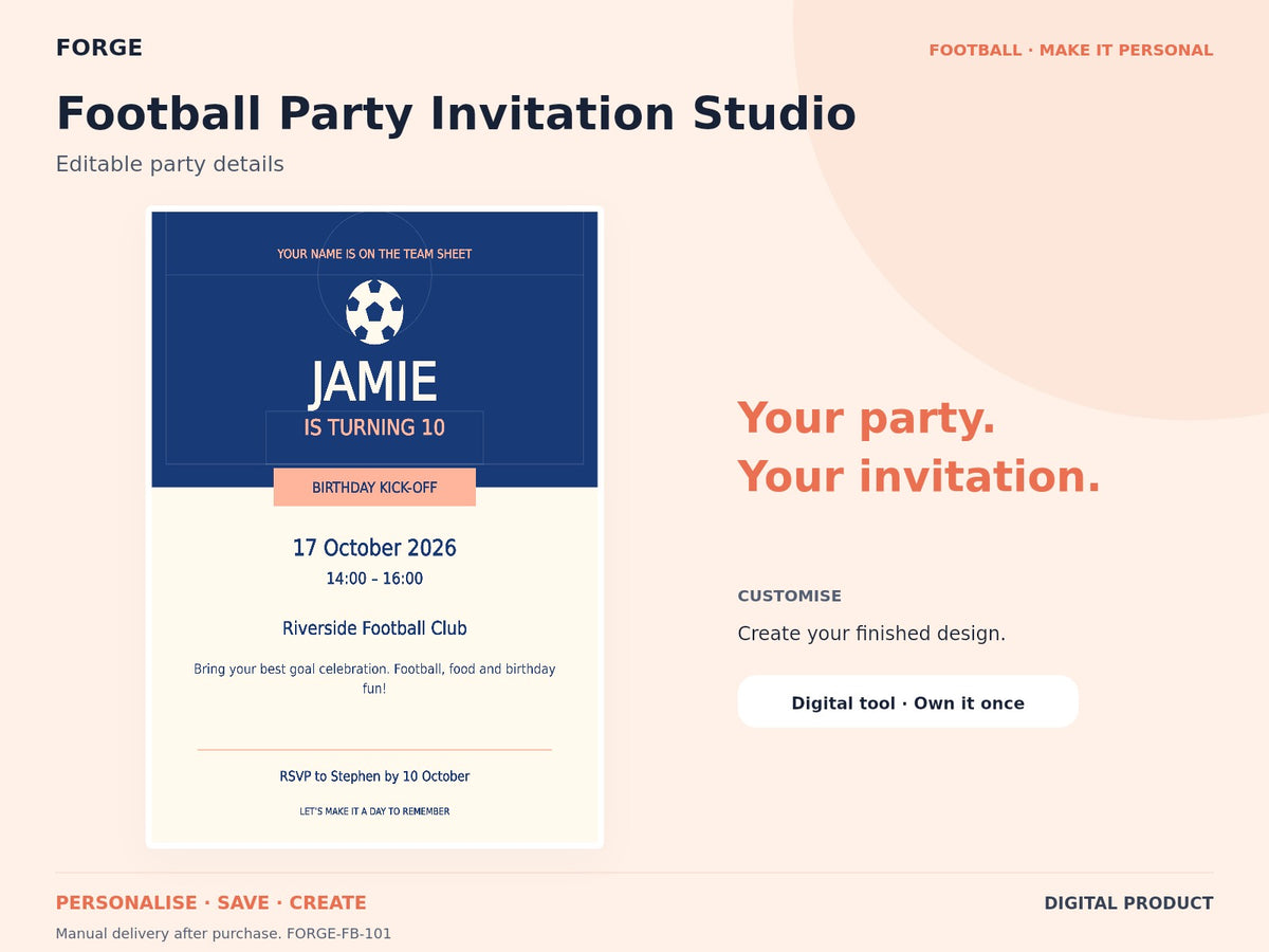 Football Party Invitation Studio — actual included designs and browser tool preview. Original FORGE digital product.