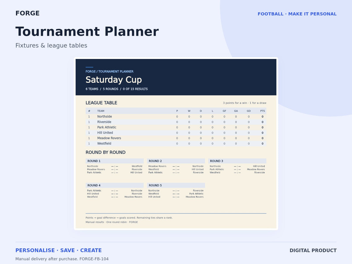 Tournament Planner — actual included designs and browser tool preview. Original FORGE digital product.