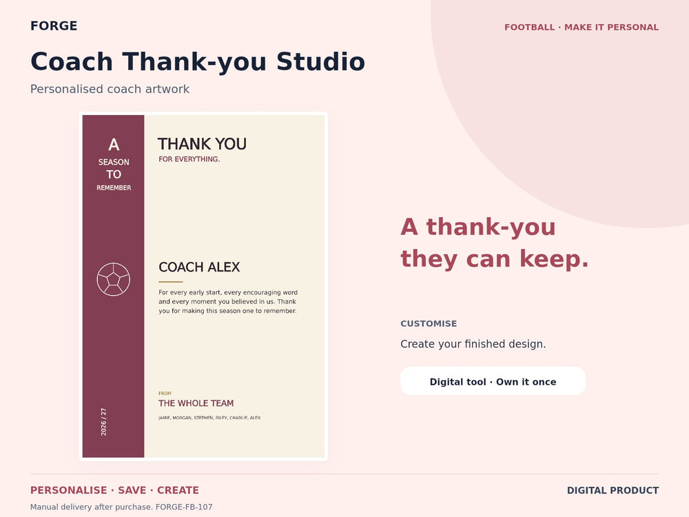 Coach Thank-you Studio — actual included designs and browser tool preview. Original FORGE digital product.