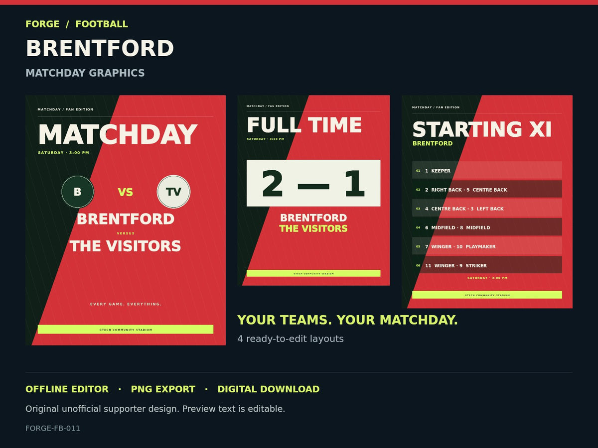 Brentford Supporter Matchday Graphics Studio; actual editable designs; unofficial digital product