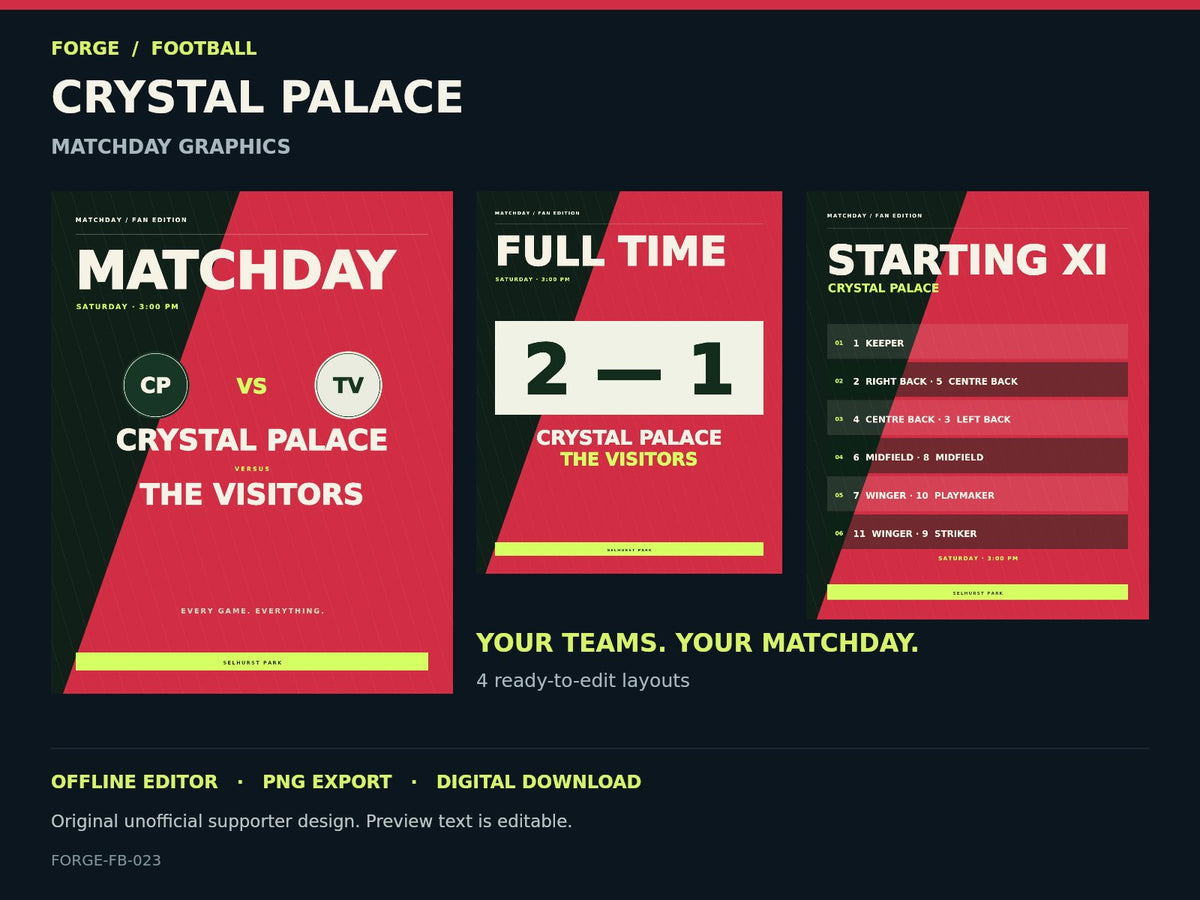 Crystal Palace Supporter Matchday Graphics Studio; actual editable designs; unofficial digital product