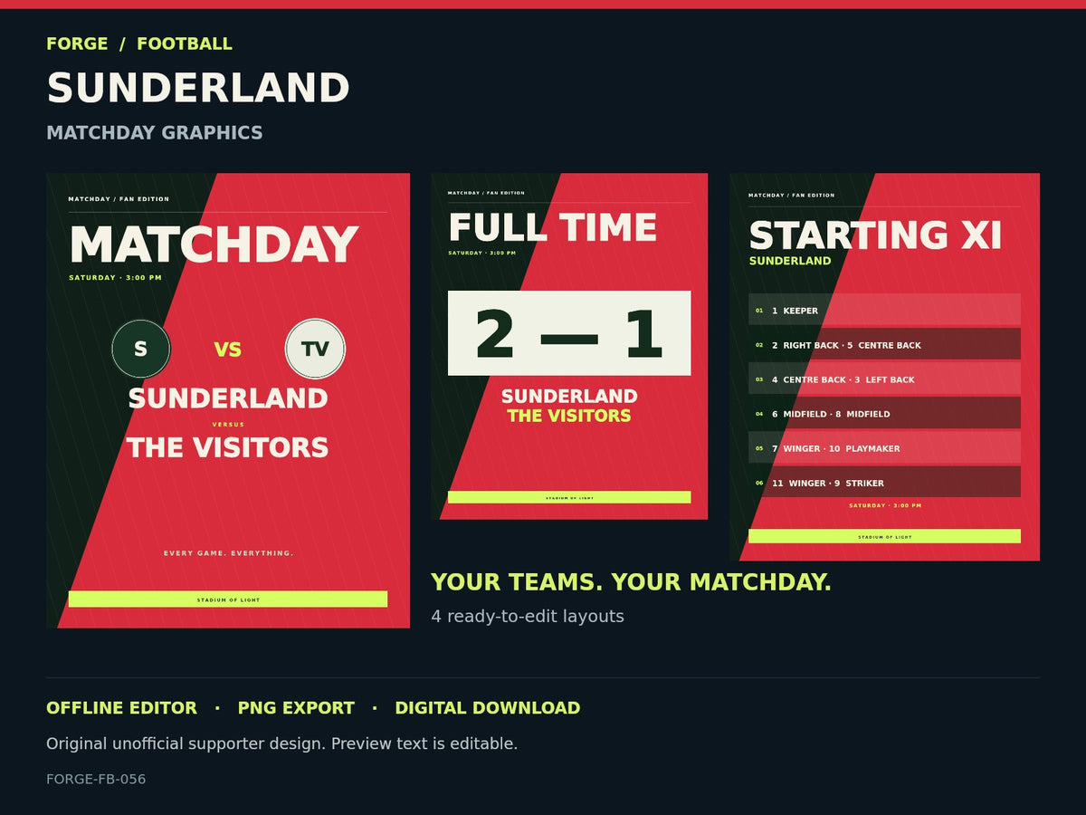 Sunderland Supporter Matchday Graphics Studio — actual editable design or tool preview; unofficial digital product