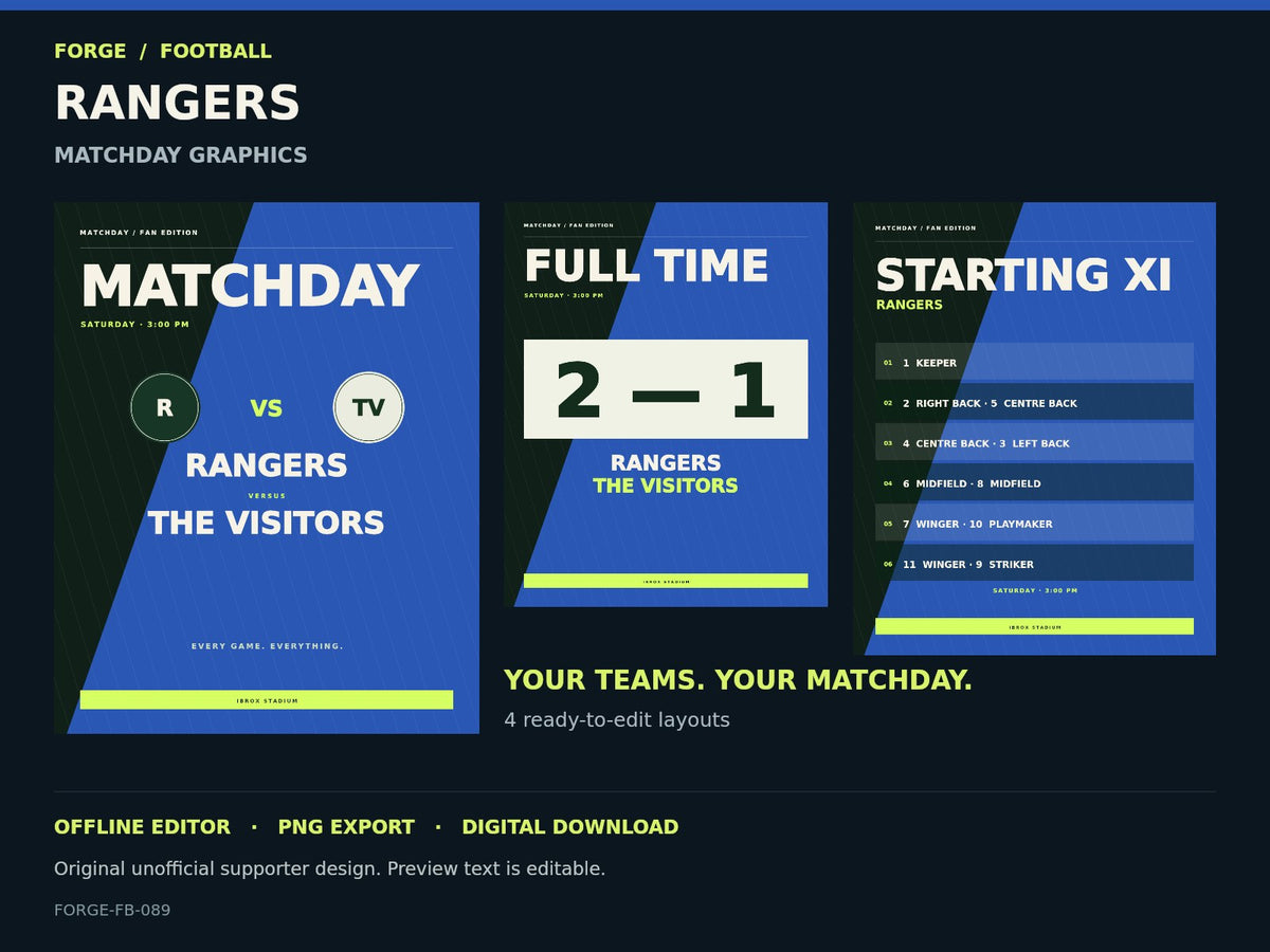 Rangers Supporter Matchday Graphics Studio — actual editable design or tool preview; unofficial digital product