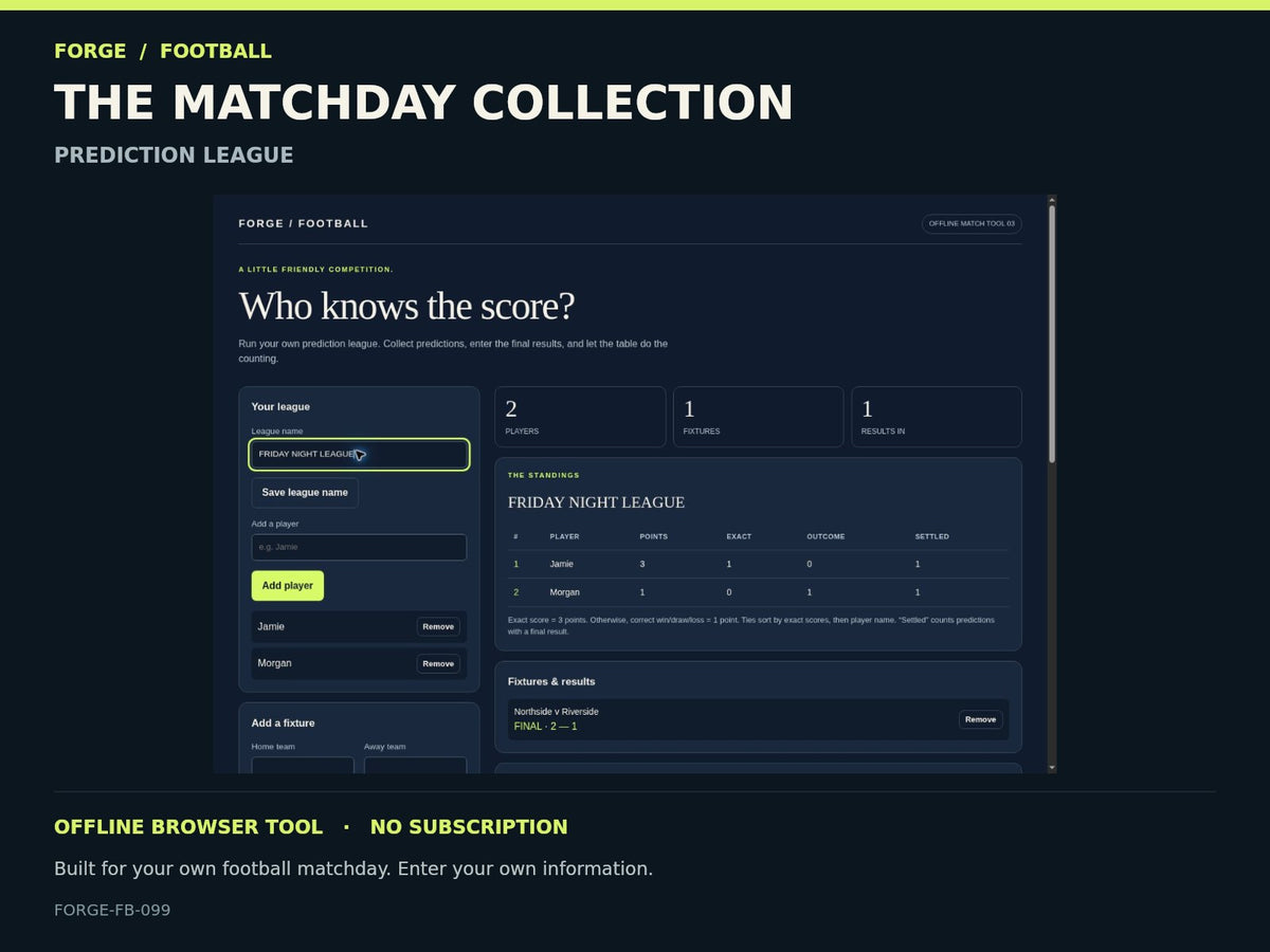 Prediction League Organiser — actual editable design or tool preview; unofficial digital product