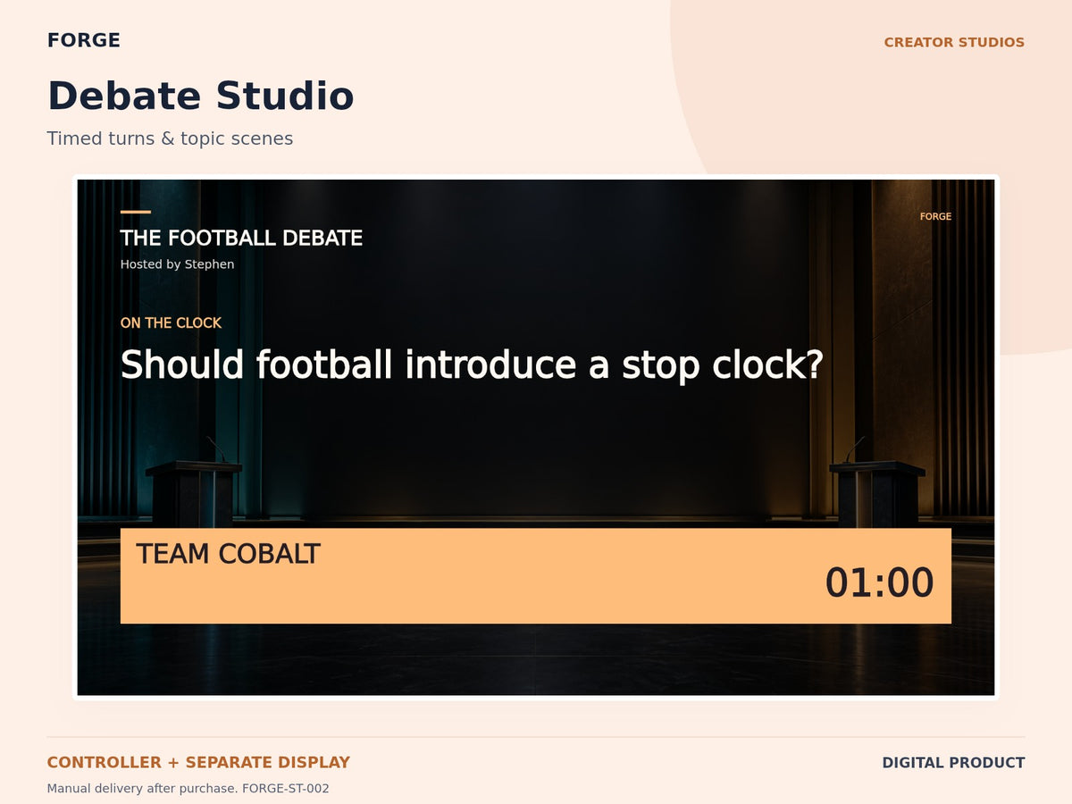Debate Studio — actual included designs and browser tool preview. Original FORGE digital product.