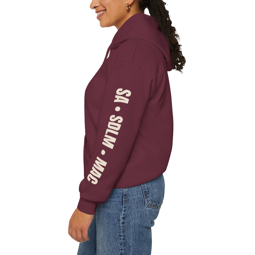 Maroon SA · SDLM · MAC hoodie showing bone lettering down the left sleeve.