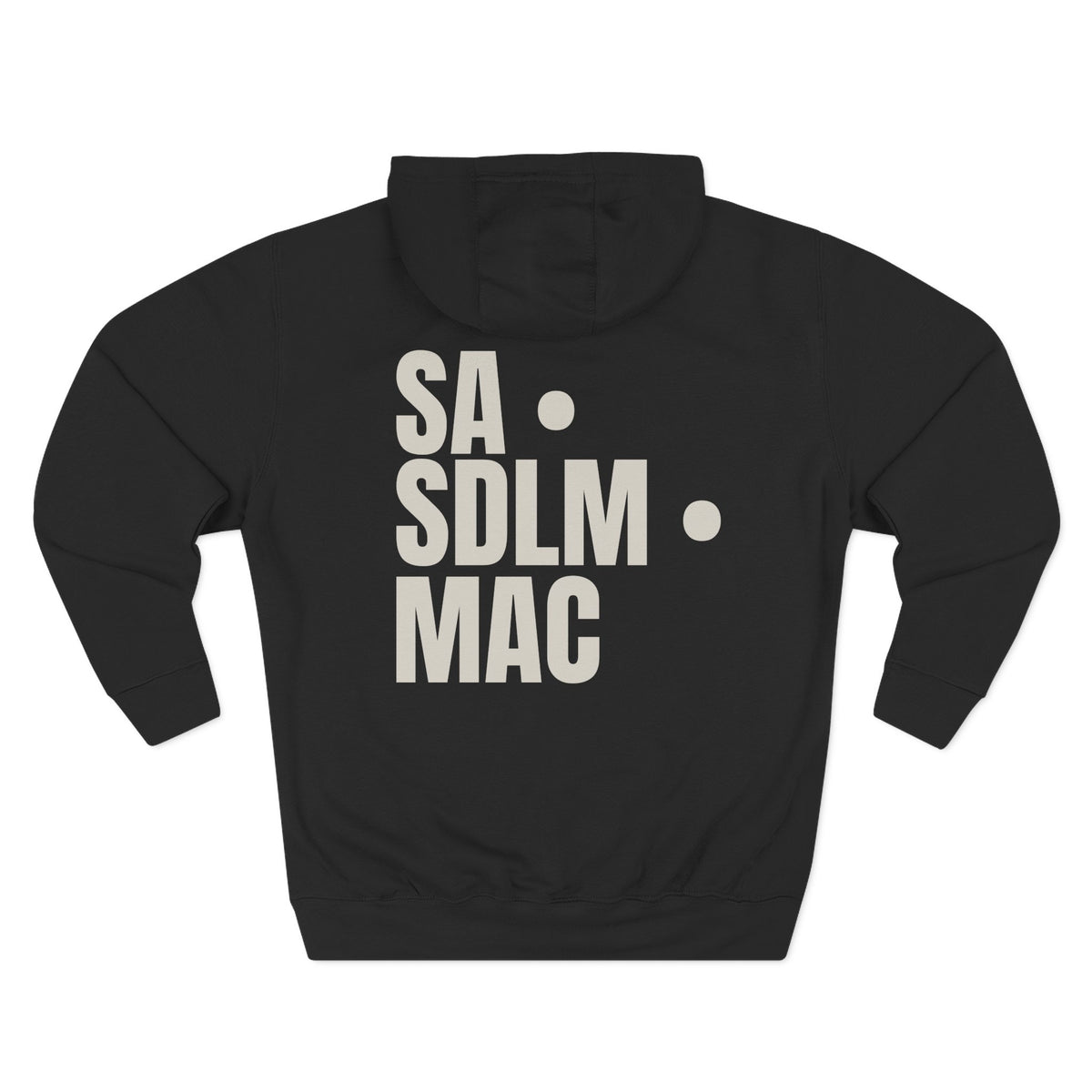 Black hoodie back with oversized warm-grey SA · SDLM · MAC lettering