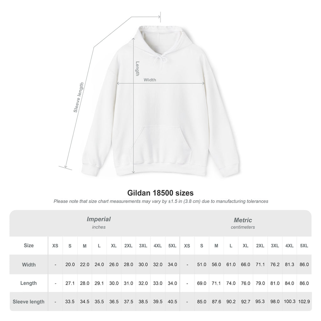 Gildan 18500 hoodie size guide with garment measurements.