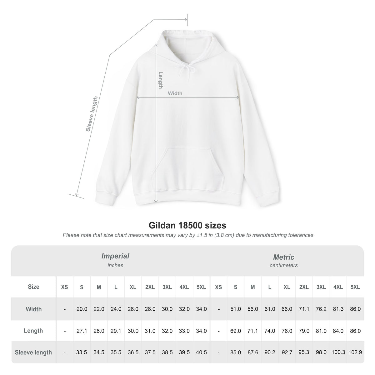 Gildan 18500 hoodie size guide with garment measurements.