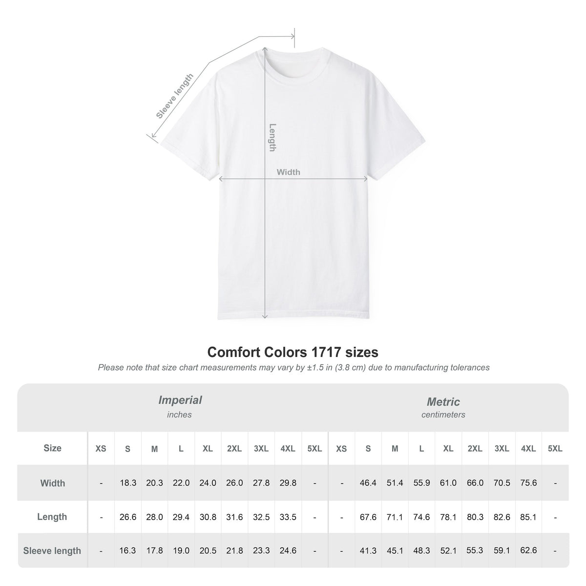 Comfort Colors 1717 tee garment measurements and size guide