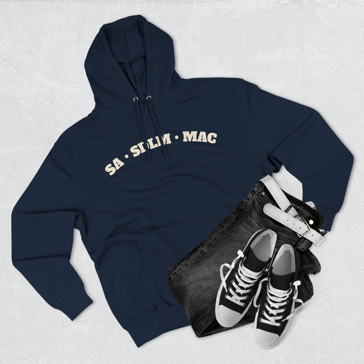 Navy Varsity Arch Hoodie laid flat, showing the curved chest lettering