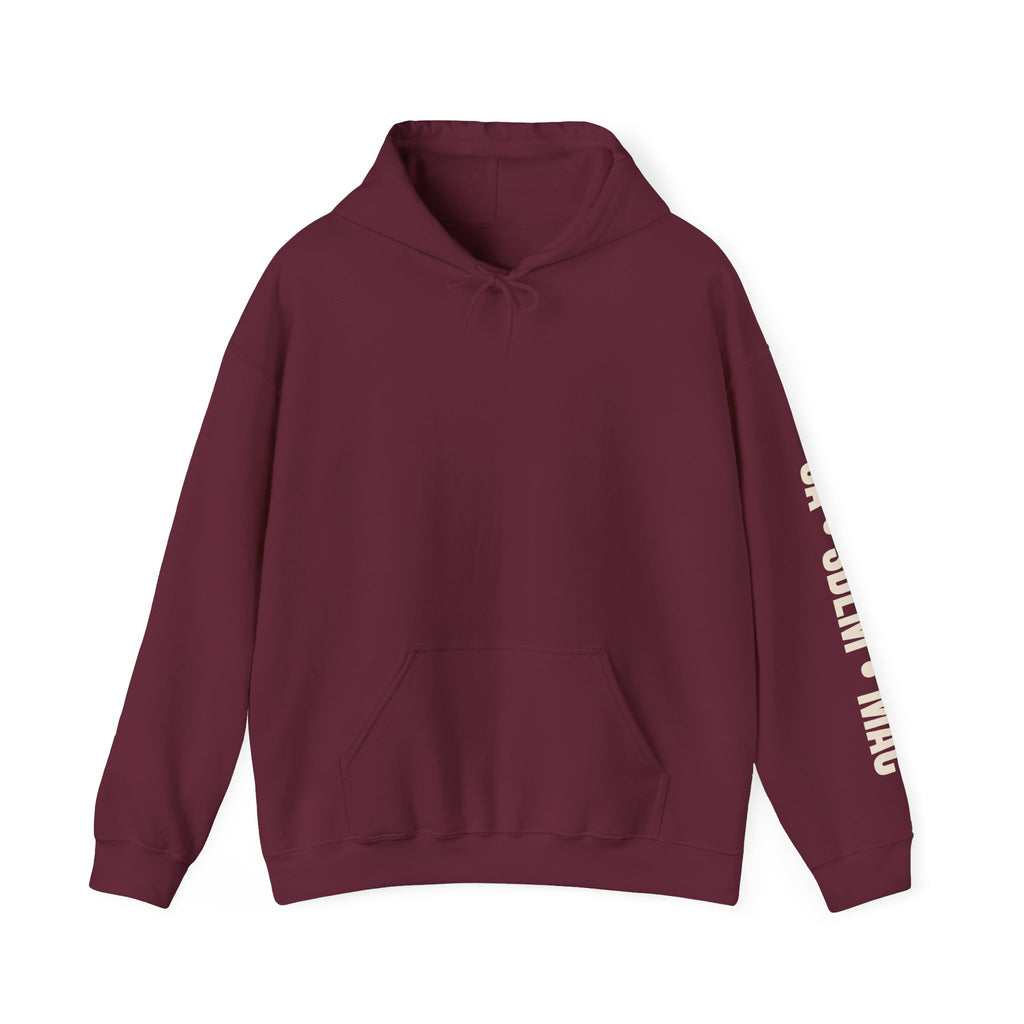 Front view of the maroon Sleeve Signature Hoodie with clean chest and left-sleeve print.