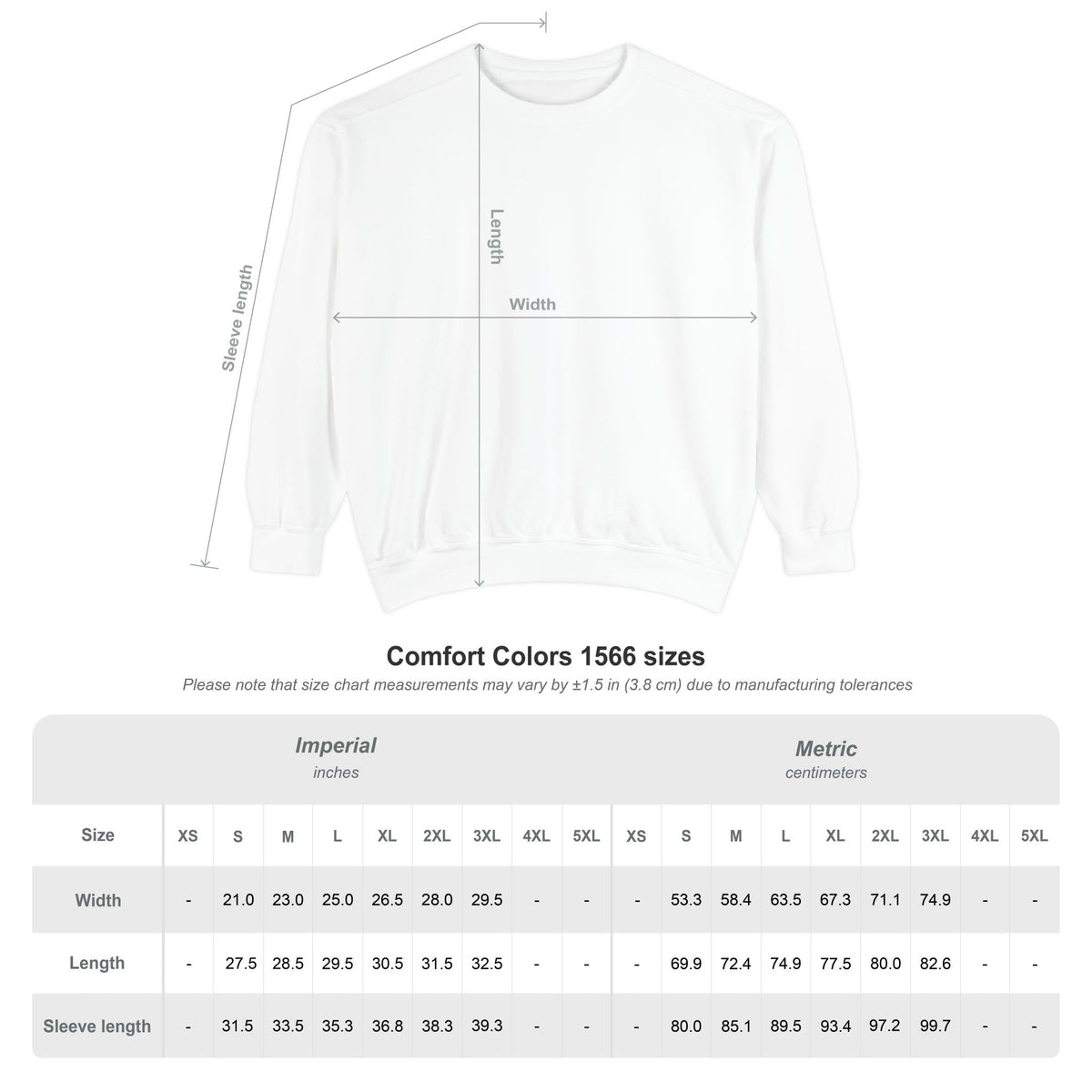 Comfort Colors 1566 crewneck garment measurements and size guide