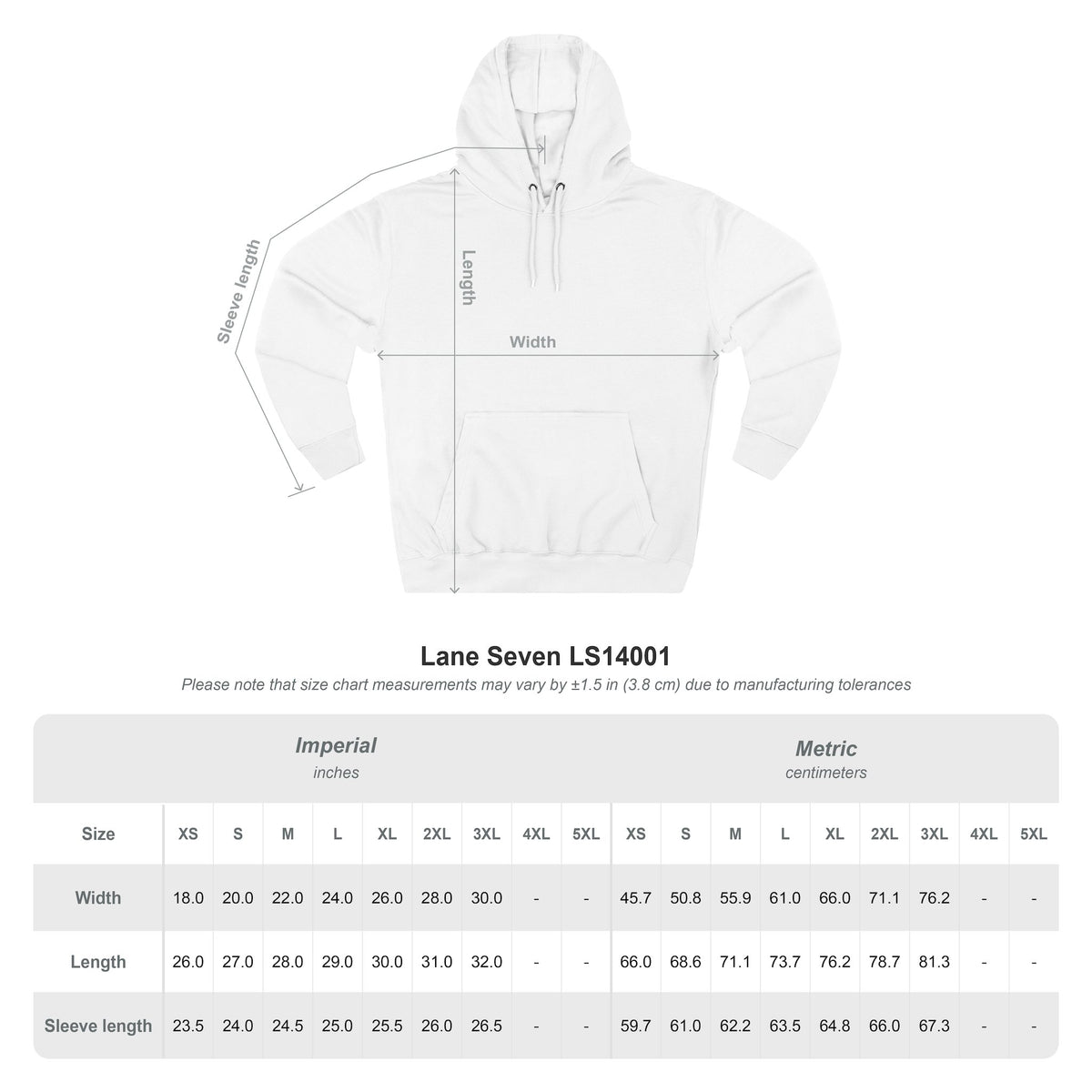 Lane Seven LS14001 hoodie size guide