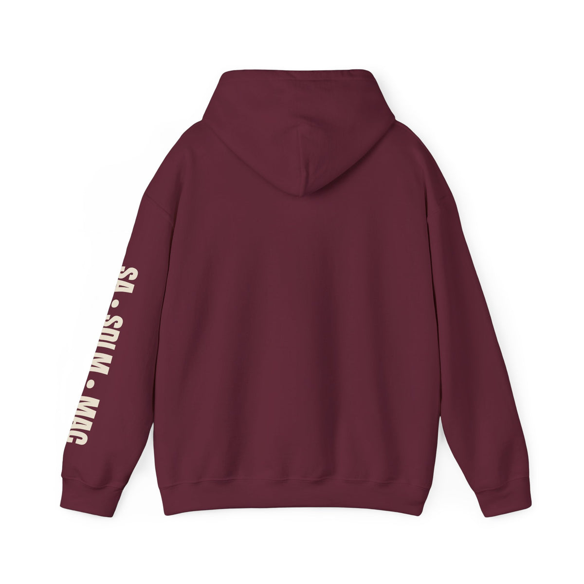 Back view of the maroon Sleeve Signature Hoodie with an unprinted back.