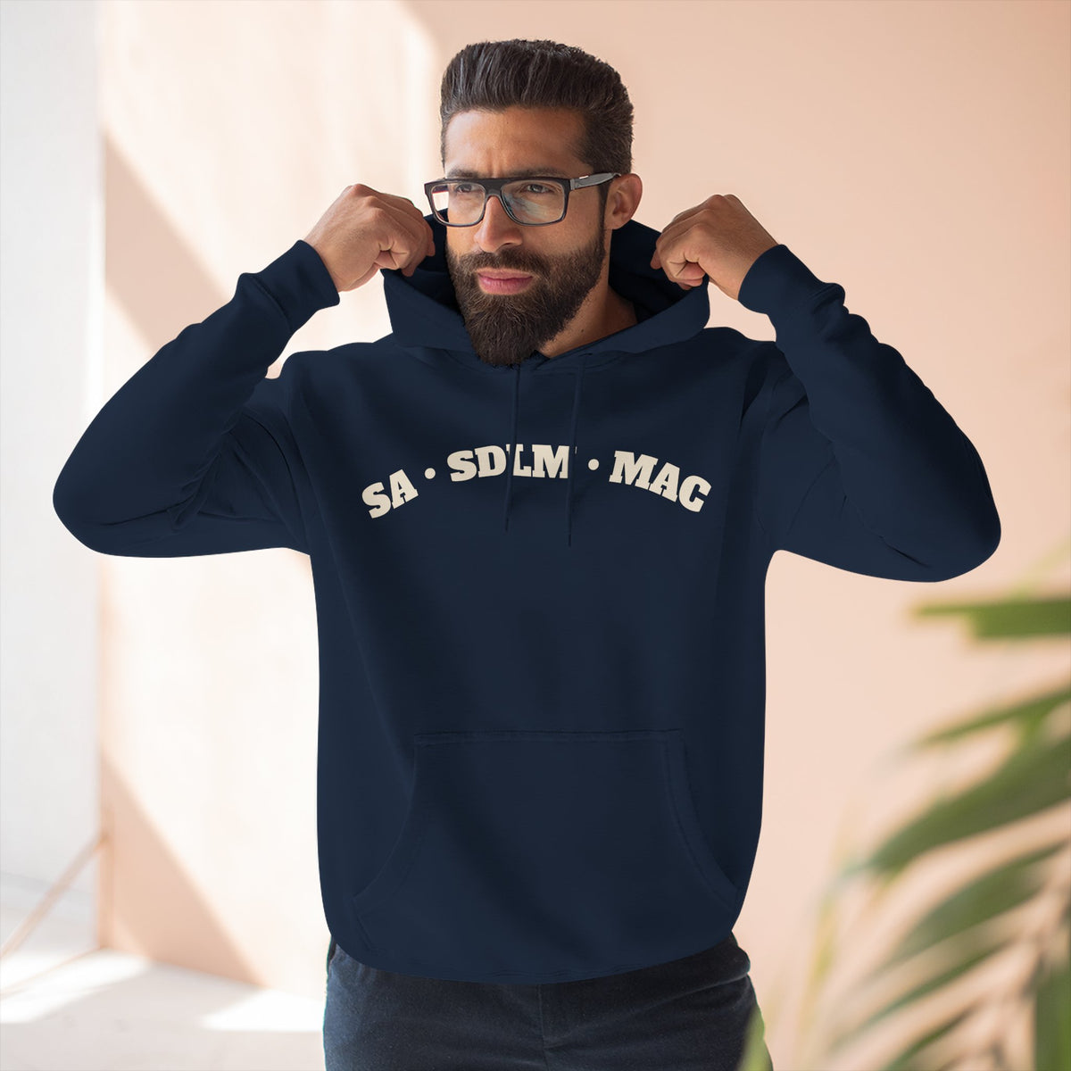 Model wearing the navy SA · SDLM · MAC Varsity Arch Hoodie
