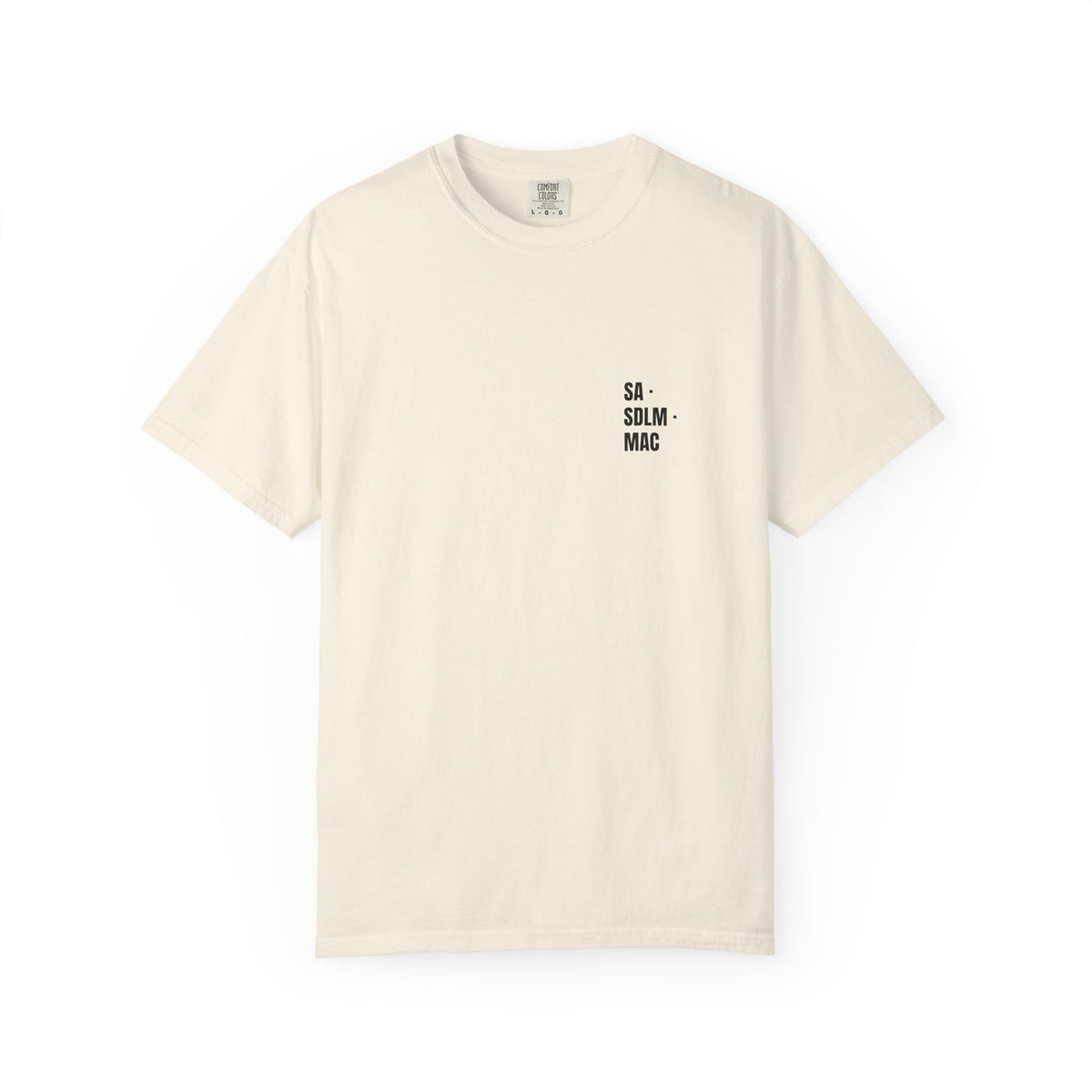 SA · SDLM · MAC Monogram Tee in Ivory — small black left-chest mark