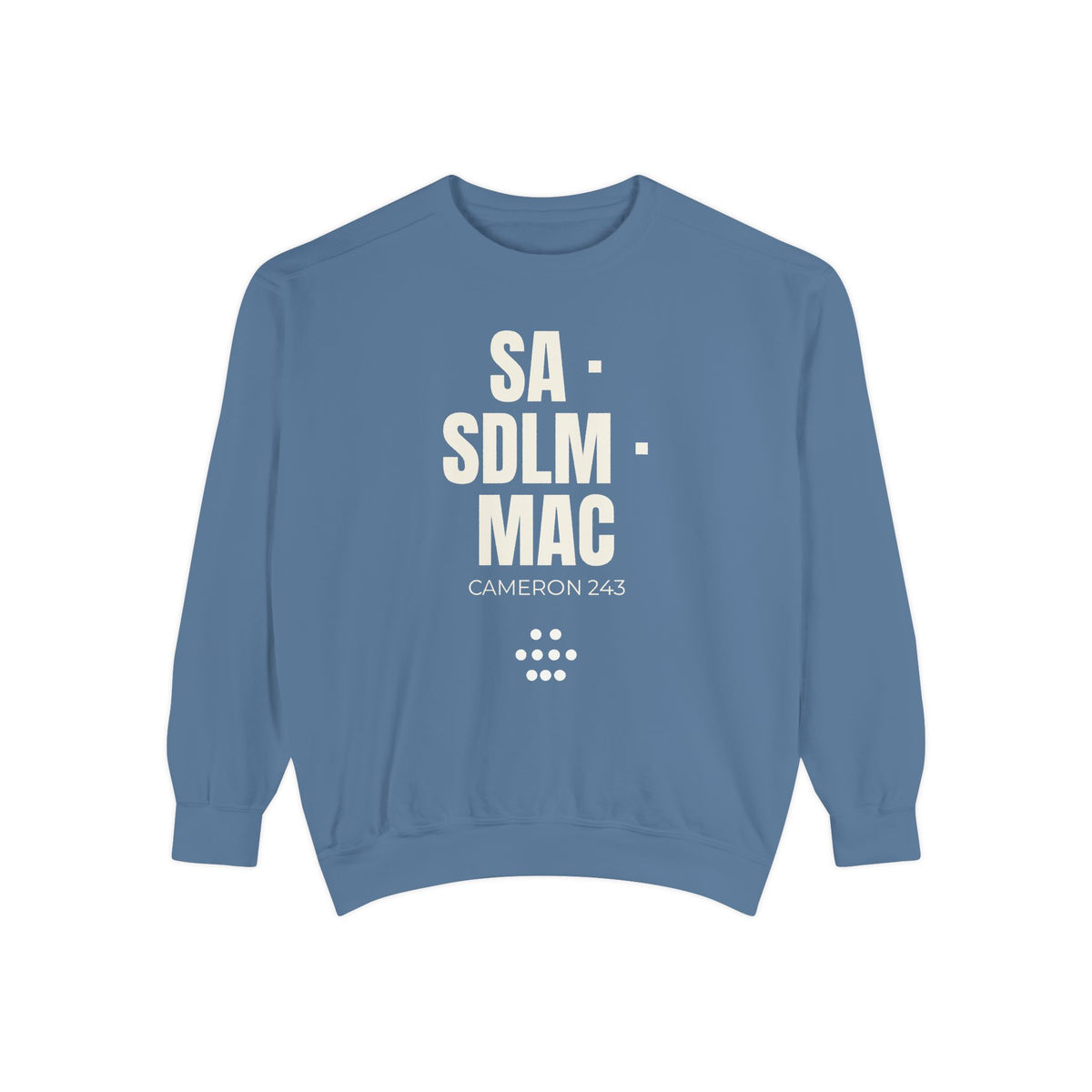 SA · SDLM · MAC Stacked Mark Crewneck in Blue Jean — front with cream initials and nine-dot mark