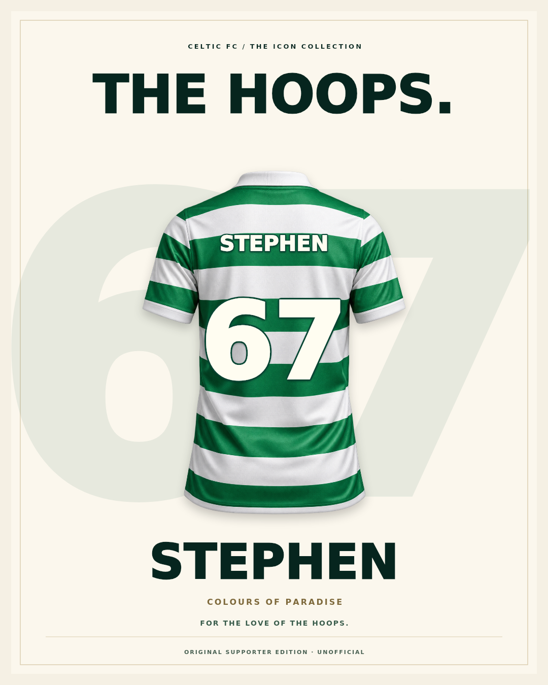 Celtic Signature — The Icon: actual editable example with STEPHEN 67. Digital artwork, no physical shirt.