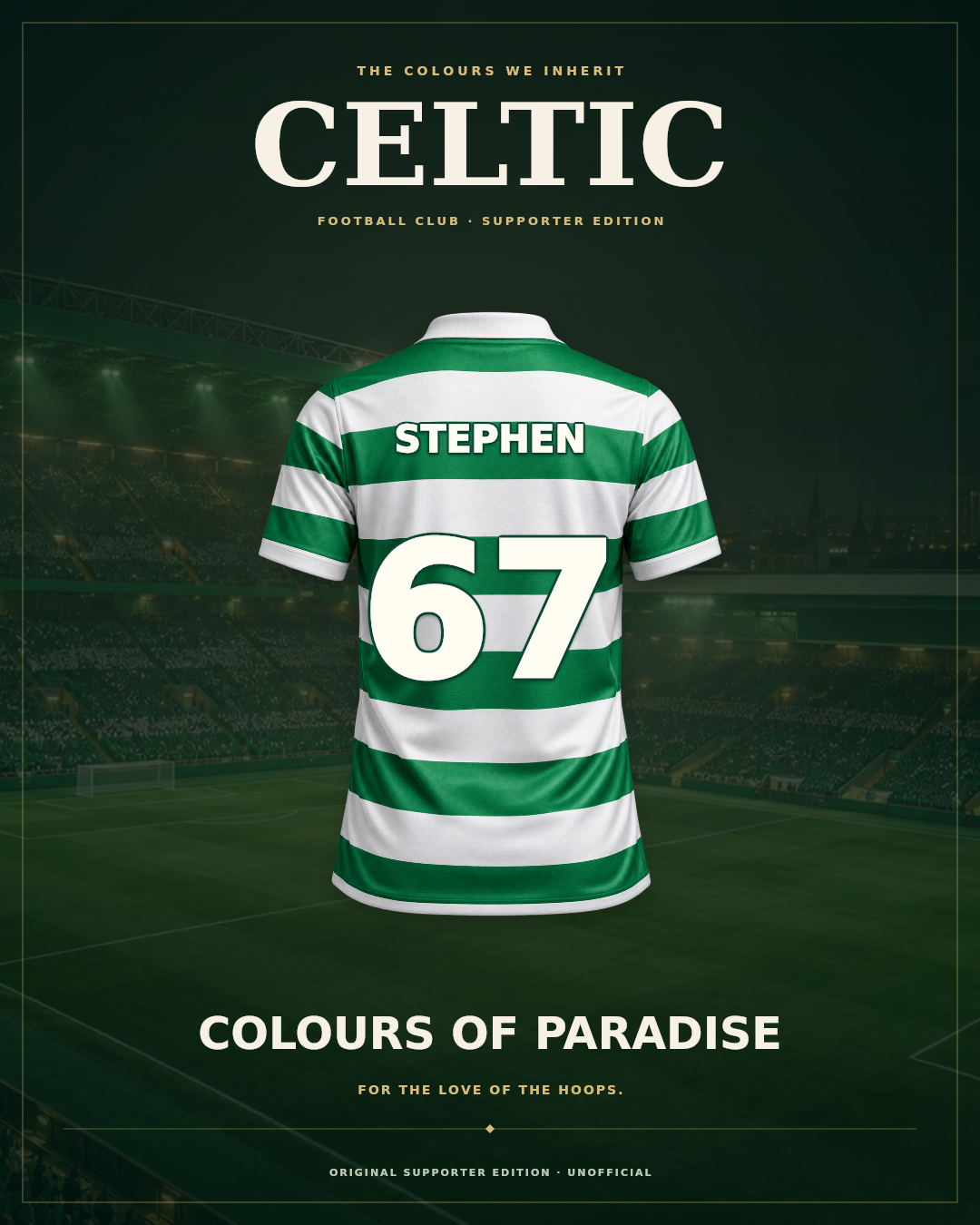 Celtic Signature — The Legacy: actual editable example with STEPHEN 67. Digital artwork, no physical shirt.