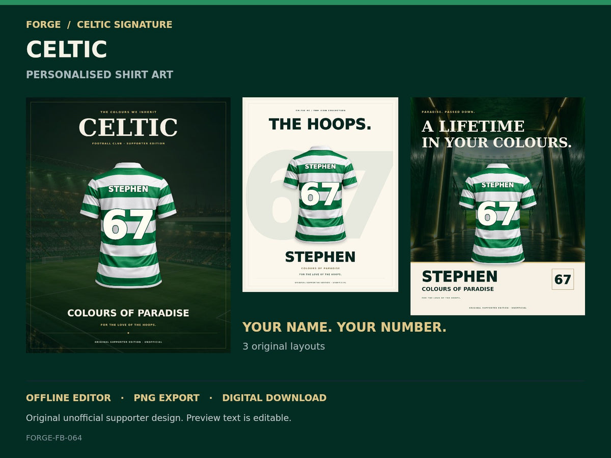 Celtic FC Signature Shirt Name Studio — Colours of Paradise — actual editable Celtic Signature designs; original unofficial digital product