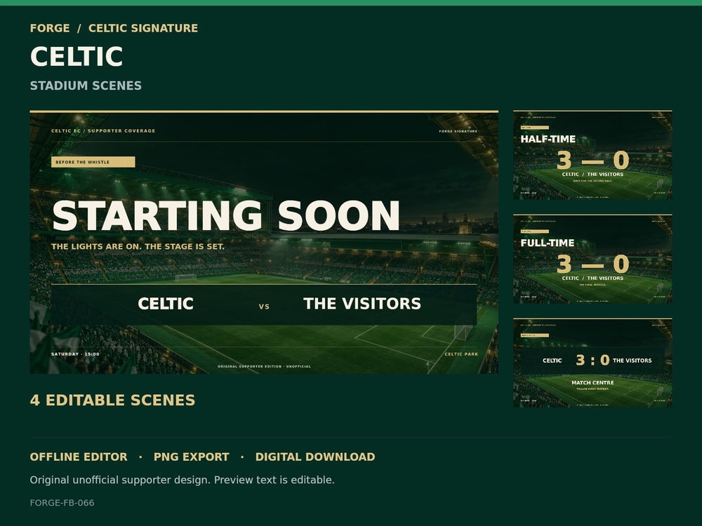 Celtic FC Signature Stadium Scene Studio — Colours of Paradise — actual editable Celtic Signature designs; original unofficial digital product