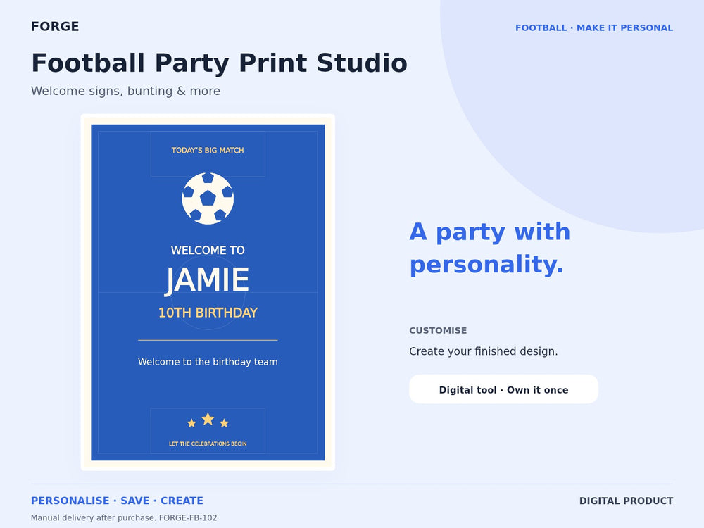 Football Party Print Studio — actual included designs and browser tool preview. Original FORGE digital product.