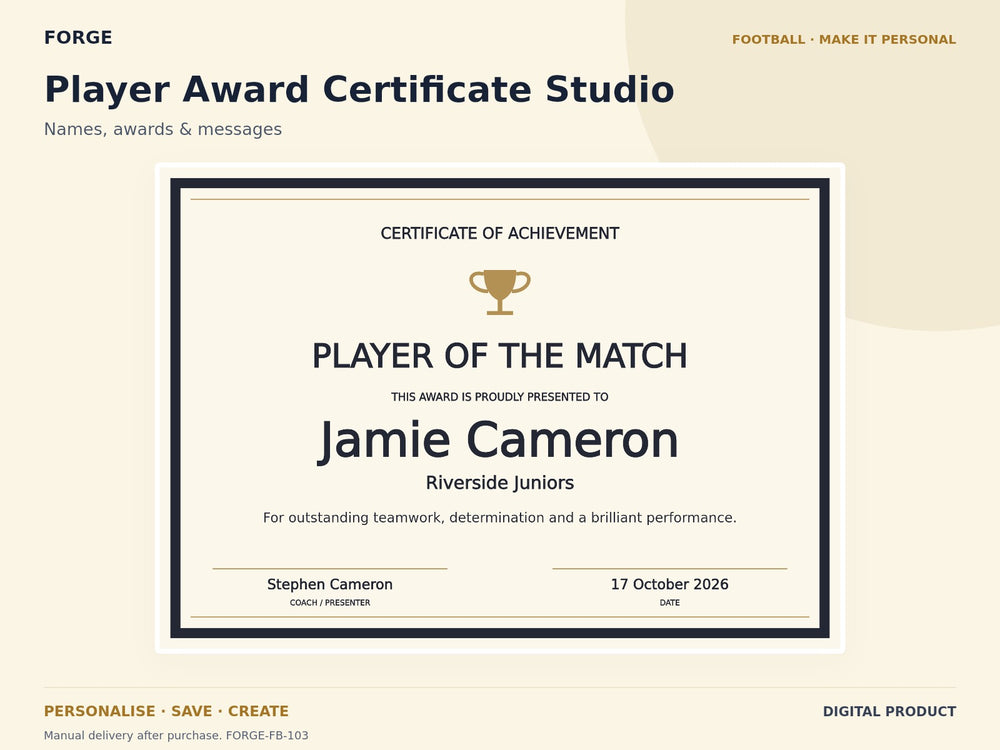 Player Award Certificate Studio — actual included designs and browser tool preview. Original FORGE digital product.