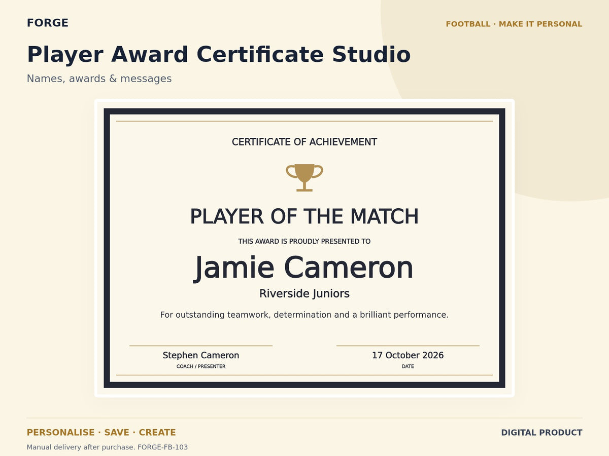 Player Award Certificate Studio — actual included designs and browser tool preview. Original FORGE digital product.