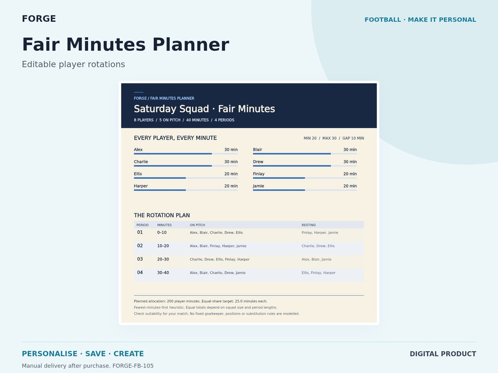 Fair Minutes Planner — actual included designs and browser tool preview. Original FORGE digital product.