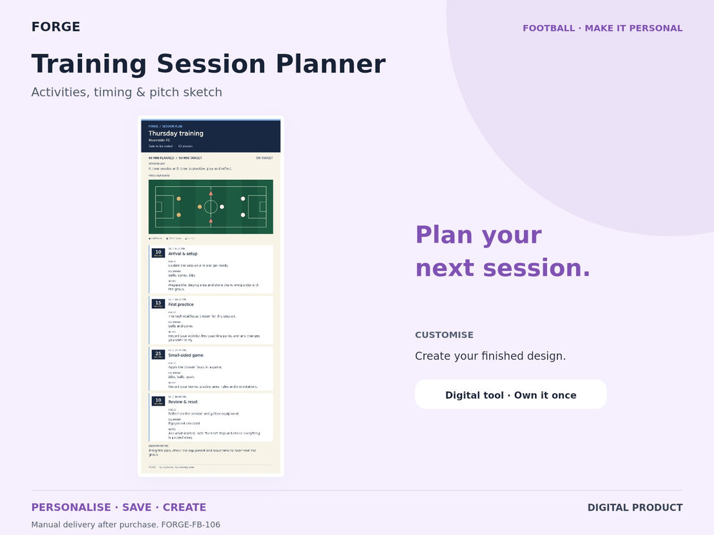 Training Session Planner — actual included designs and browser tool preview. Original FORGE digital product.