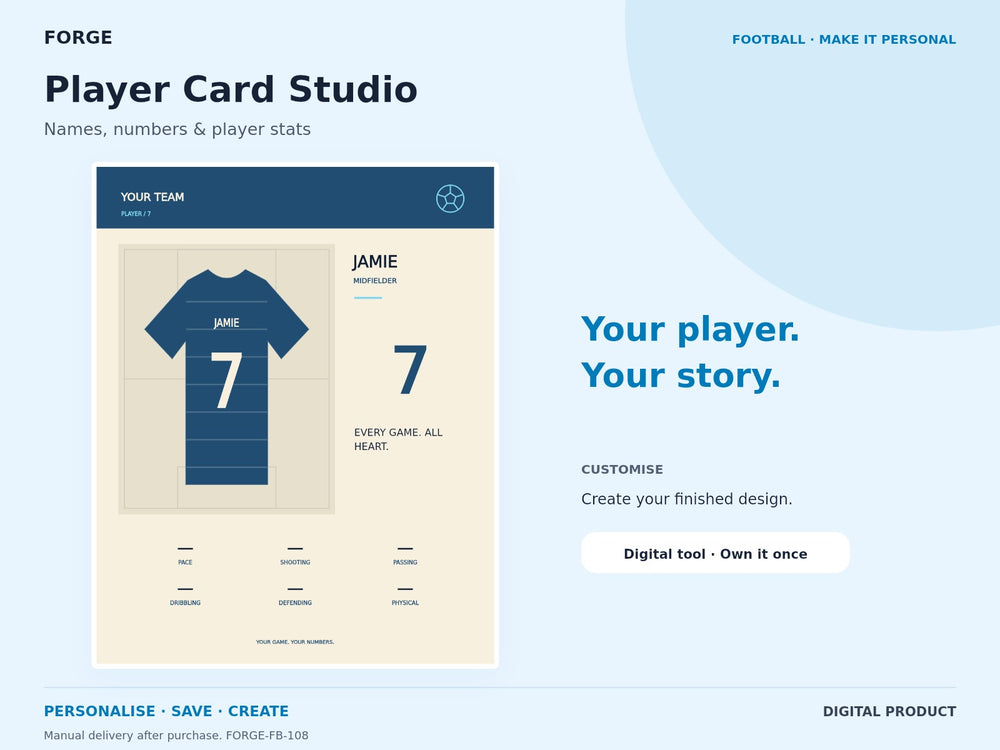 Player Card Studio — actual included designs and browser tool preview. Original FORGE digital product.