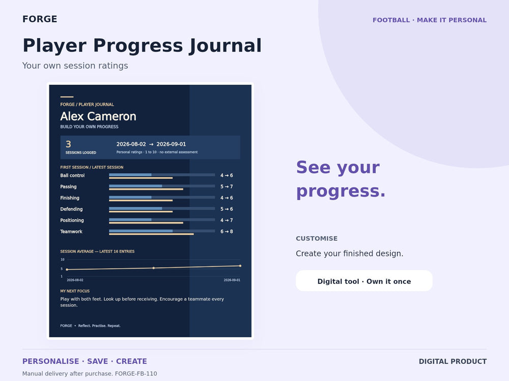 Player Progress Journal — actual included designs and browser tool preview. Original FORGE digital product.
