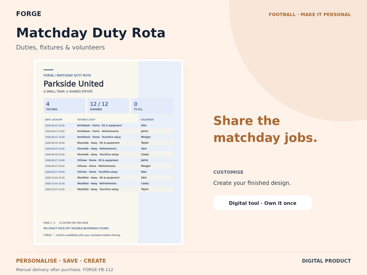Matchday Duty Rota — actual included designs and browser tool preview. Original FORGE digital product.