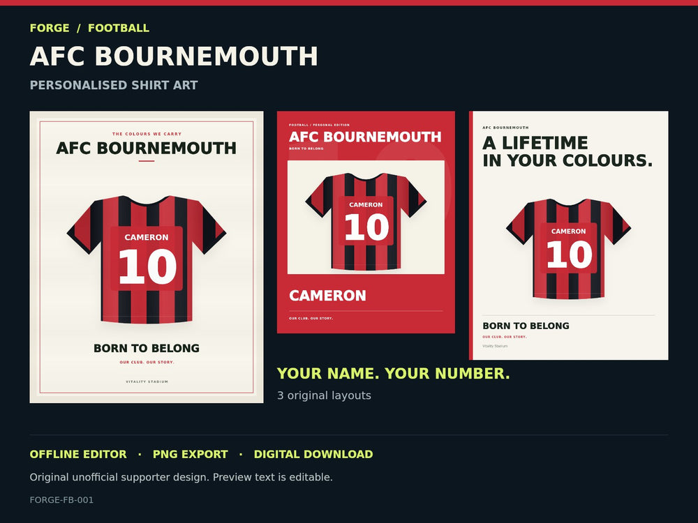 AFC Bournemouth Supporter Shirt Name Studio; actual editable designs; unofficial digital product
