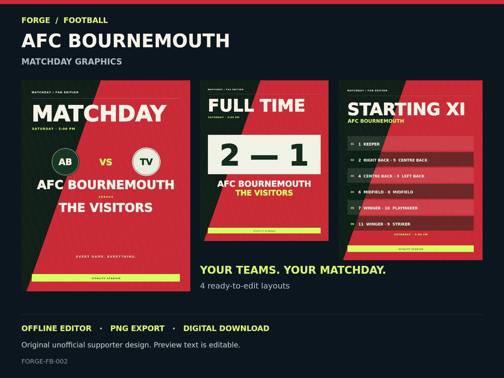 AFC Bournemouth Supporter Matchday Graphics Studio; actual editable designs; unofficial digital product