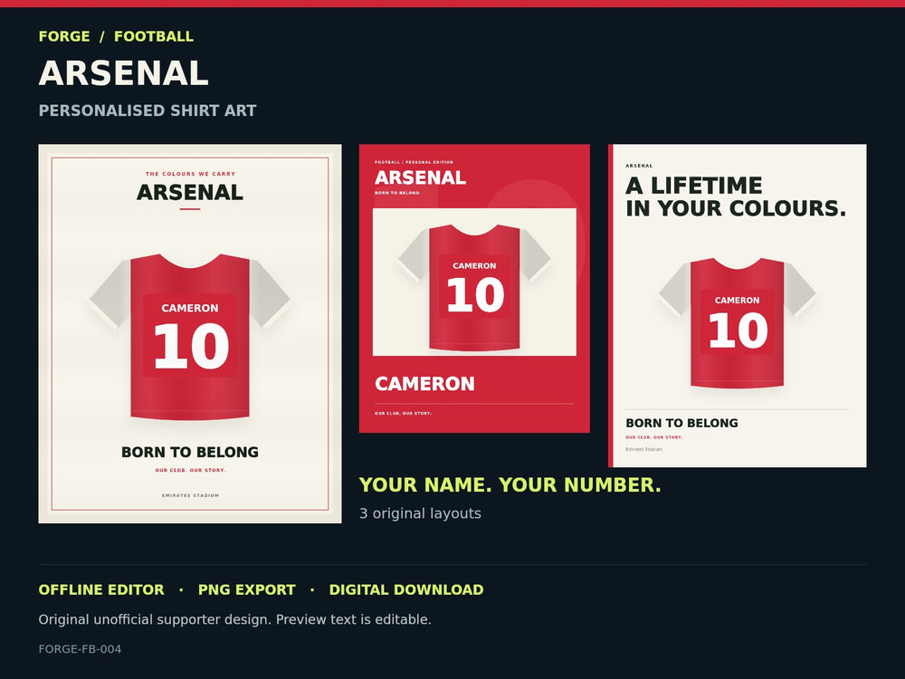Arsenal supporter shirt-name studio: three editable original jersey print layouts; unofficial digital product
