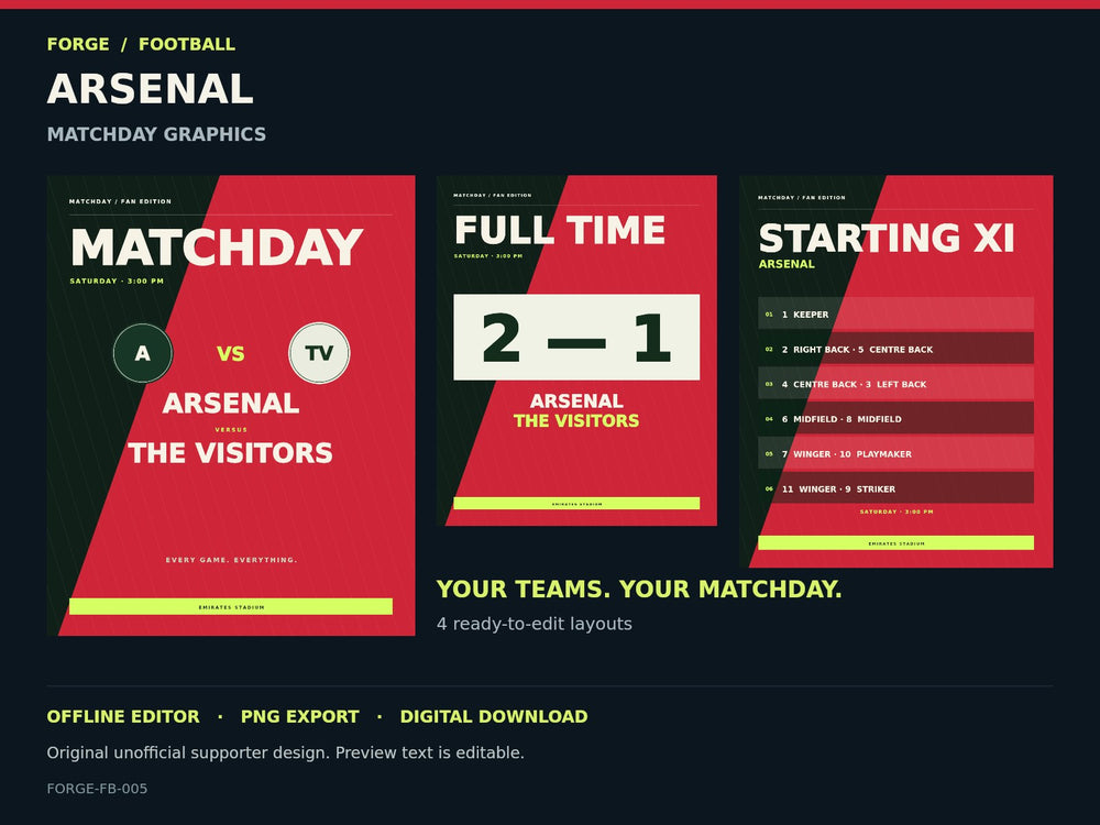Arsenal Supporter Matchday Graphics Studio; actual editable designs; unofficial digital product