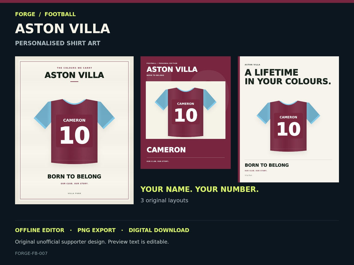 Aston Villa Supporter Shirt Name Studio; actual editable designs; unofficial digital product