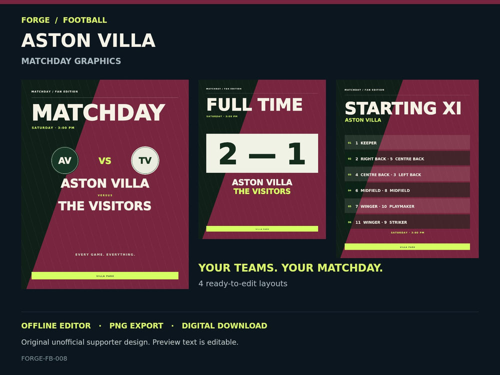 Aston Villa Supporter Matchday Graphics Studio; actual editable designs; unofficial digital product