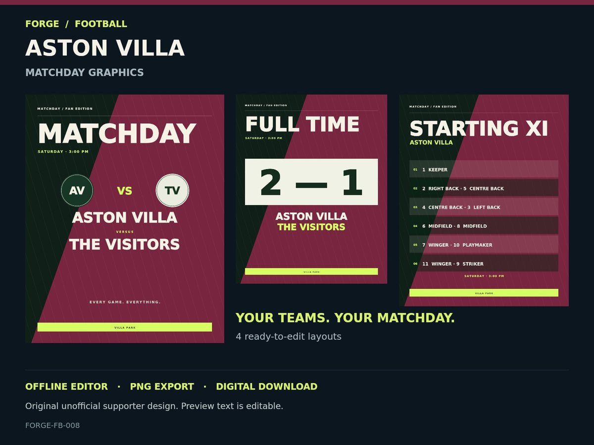 Aston Villa Supporter Matchday Graphics Studio; actual editable designs; unofficial digital product