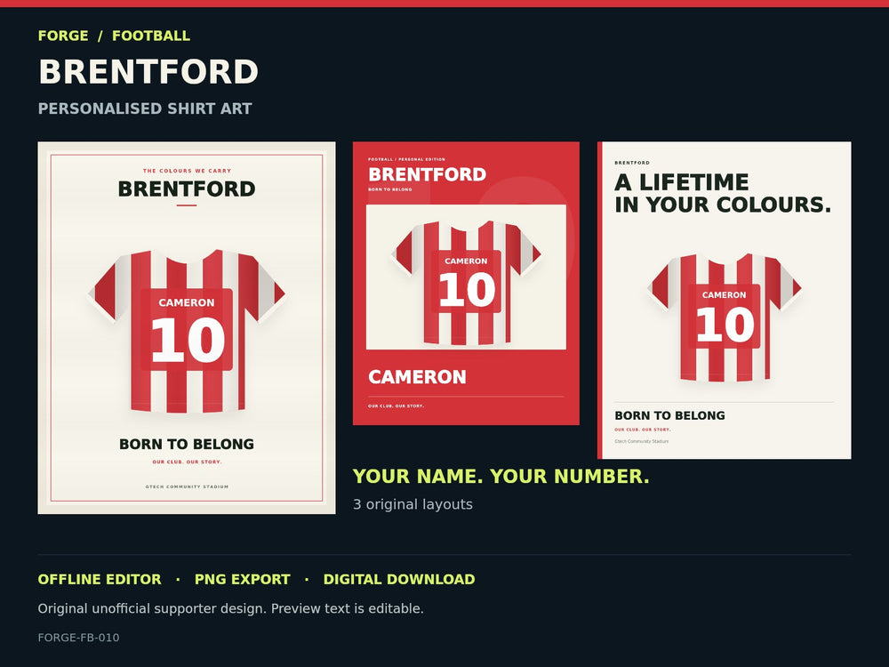 Brentford Supporter Shirt Name Studio; actual editable designs; unofficial digital product