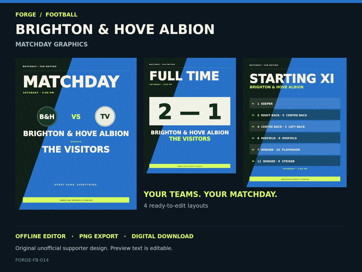 Brighton & Hove Albion Supporter Matchday Graphics Studio; actual editable designs; unofficial digital product