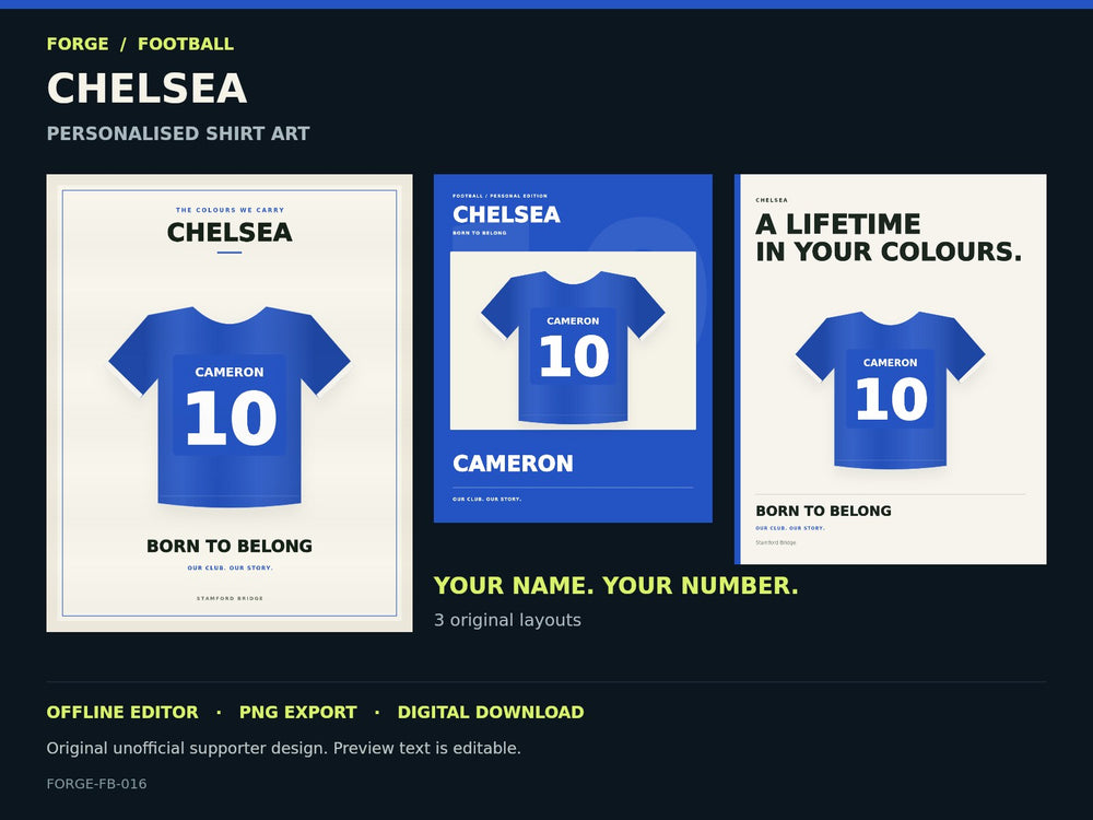 Chelsea Supporter Shirt Name Studio; actual editable designs; unofficial digital product