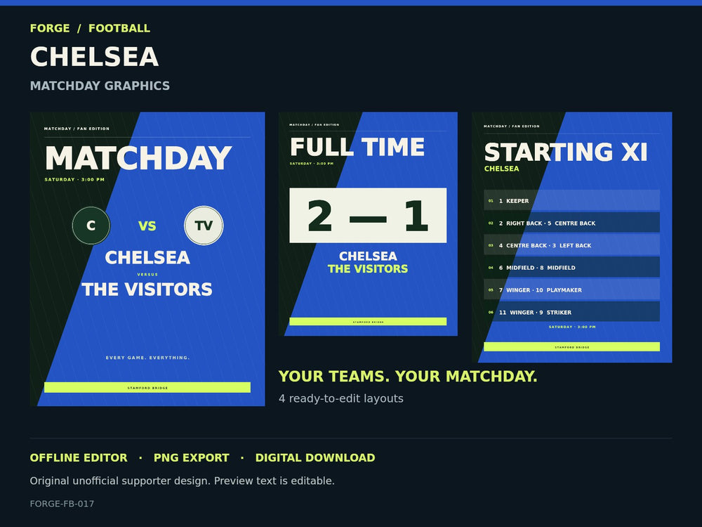 Chelsea Supporter Matchday Graphics Studio; actual editable designs; unofficial digital product